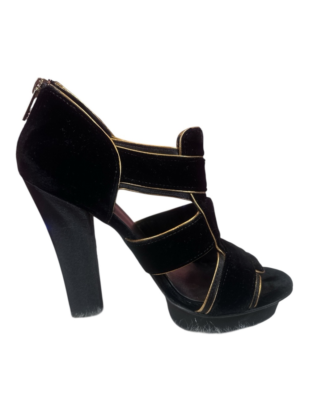 Tory Burch Carsonie Black Velvet Gold Piping Platform Heels Size 8 - Picture 7 of 13
